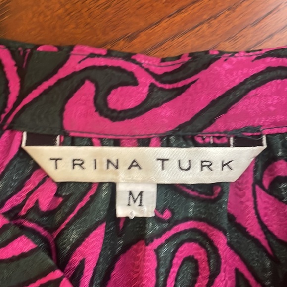 Trina Turk Silk Button Down Top Green & Pink - Picture 3 of 5